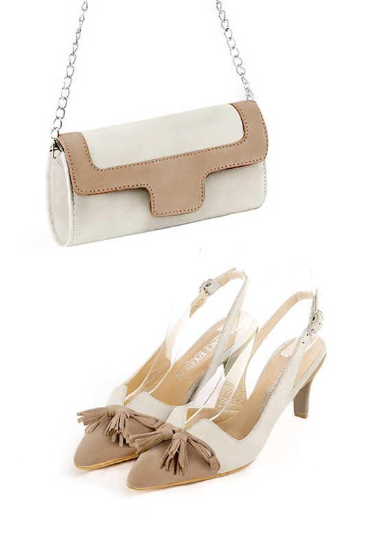 Off white and tan beige women's dress clutch, for weddings, ceremonies, cocktails and parties. Worn view - Florence KOOIJMAN
